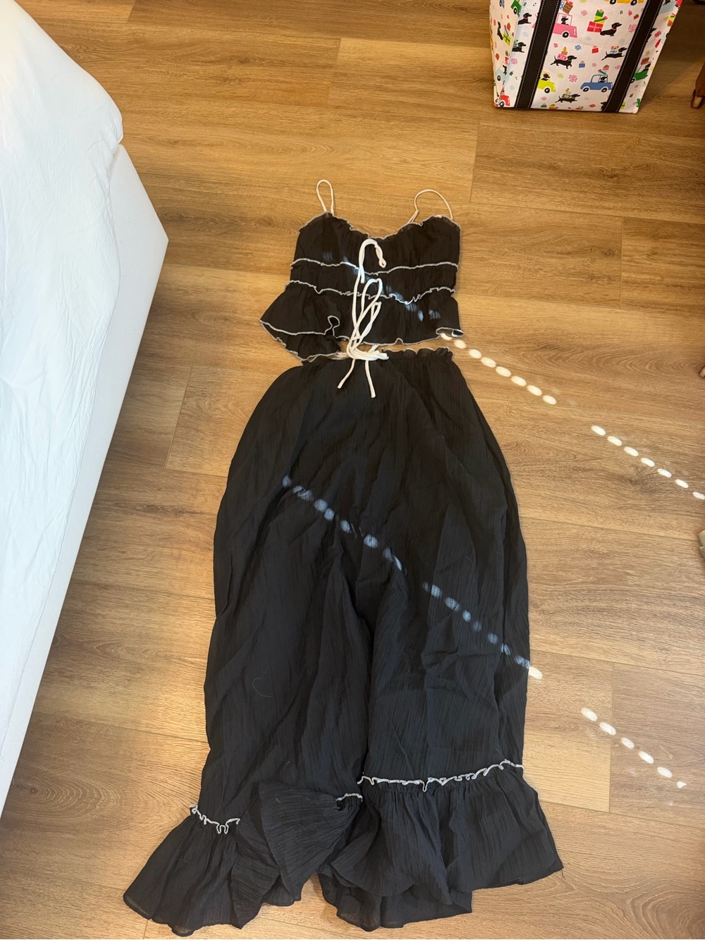 12th Tribe Black Two-Piece Maxi Set with Ruffle Hem